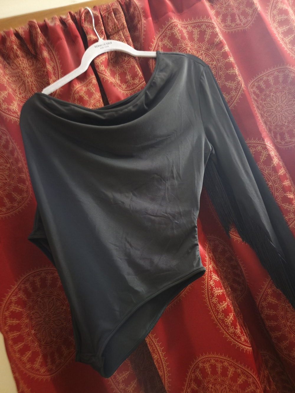 Black Long-Sleeve Asymmetric Bodysuit With Fringe On Sleeve